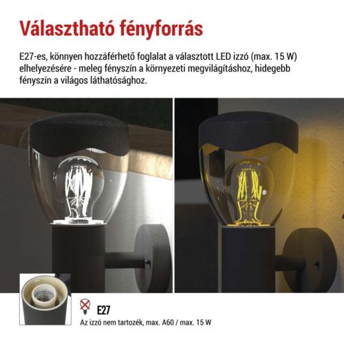EMOS ZGA040P, LED kerti fali lámpa, 16,4 x 12 x 29,5 cm, 1 x E27, 15 W