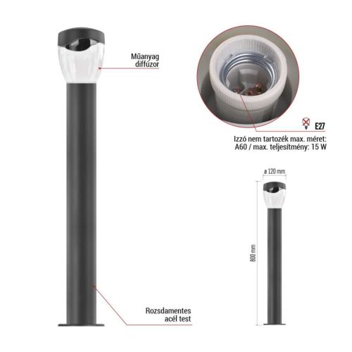 EMOS ZGA0C0P, LED kerti oszloplámpa, 12 x 12 x 80 cm, 1 x E27, 15 W