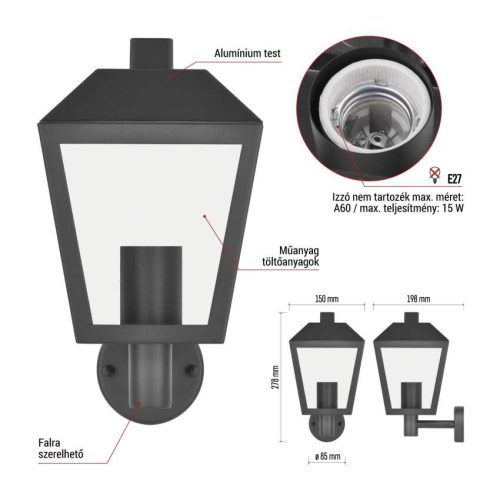 EMOS ZGB010P, LED kerti fali lámpa, 19,8 x 15 x 27,8 cm, 1 x E27, 15 W