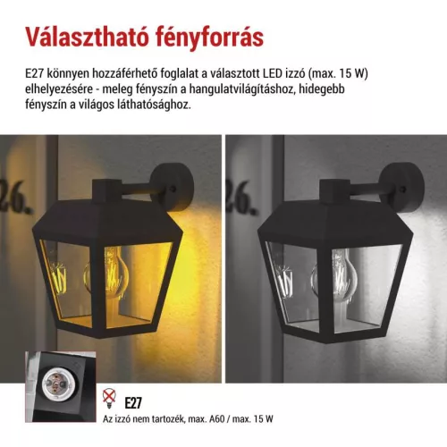 EMOS ZGB020P, LED kerti fali lámpa, 18 x 15 x 24,5 cm, 1 x E27, 15 W