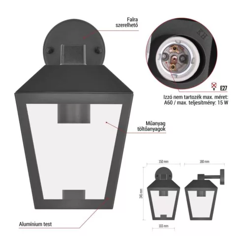 EMOS ZGB020P, LED kerti fali lámpa, 18 x 15 x 24,5 cm, 1 x E27, 15 W