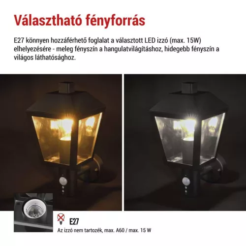EMOS ZGB040P, LED kerti fali lámpa szürkületérzékelővel, 19,8 x 15 x 29,8 cm, 1 x E27, 15 W