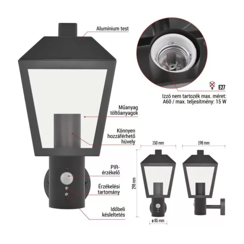 EMOS ZGB040P, LED kerti fali lámpa szürkületérzékelővel, 19,8 x 15 x 29,8 cm, 1 x E27, 15 W