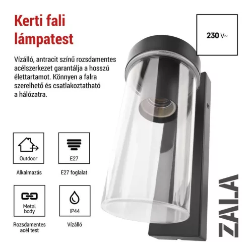 EMOS ZGC010P, Kerti fali lámpa ZALA, 14,5 x 8,9 x 26,2 cm, 1 x E27, 15 W