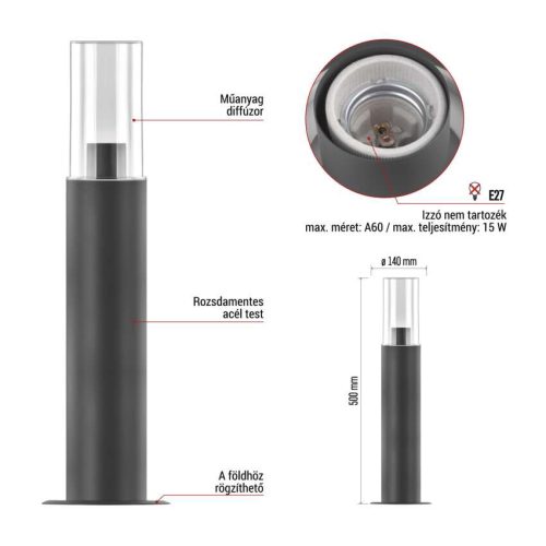 EMOS ZGC0A0P, LED kerti oszloplámpa, 14 x 14 x 50 cm, 1 x E27, 15 W