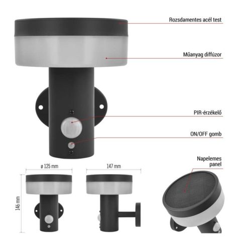 EMOS ZGJ044S, LED napelemes kerti fali lámpa TERION szürkületérzékelővel, 12,5 x 14,7 x 14,2 cm