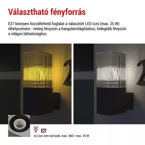 EMOS ZGL010P, LED kerti fali lámpa, 11,9 x 10,6 x 21,8 cm, 1 x E27, 25 W