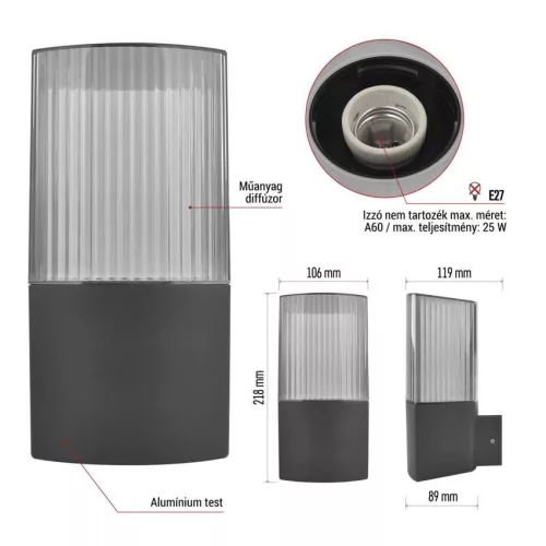 EMOS ZGL010P, LED kerti fali lámpa, 11,9 x 10,6 x 21,8 cm, 1 x E27, 25 W