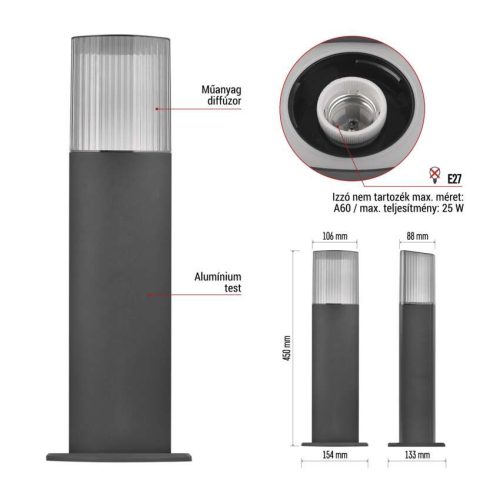 EMOS ZGL0A0P, LED kerti oszloplámpa, 15,3 x 13,3 x 45 cm, 1 x E27, 25 W