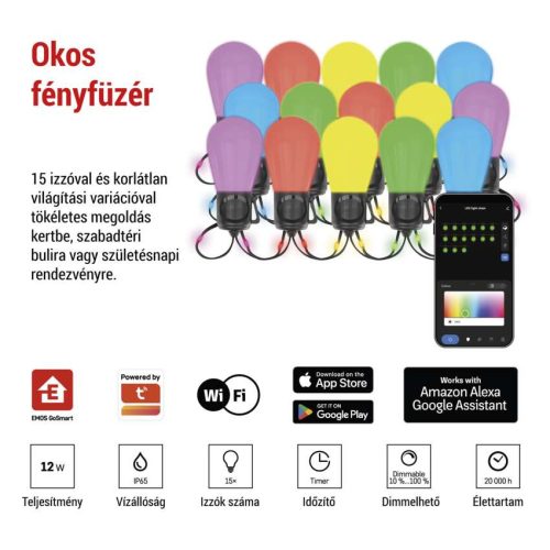 EMOS ZIW17FR, GoSmart LED fényfüzér – 15× parti izzók, 15 m, kültéri és beltéri, RGBIC WiFi