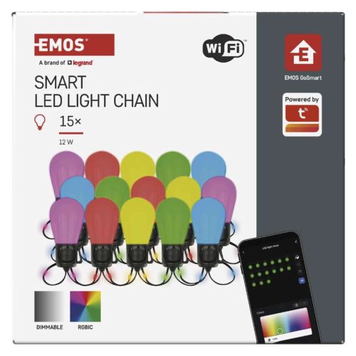 EMOS ZIW17FR, GoSmart LED fényfüzér – 15× parti izzók, 15 m, kültéri és beltéri, RGBIC WiFi