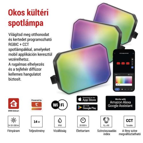 EMOS ZIW184R, GoSmart kültéri LED reflektor, kezdő készlet, 3 darab, 14 W, RGBIC dimmelhető, WiFi