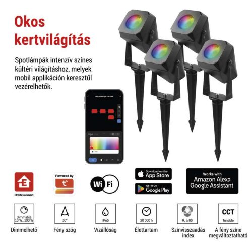 EMOS ZIW194R, GoSmart kültéri LED spotlámpa, kezdő készlet, 4 darab, 7 W, RGBIC dimmelhető, WiFi