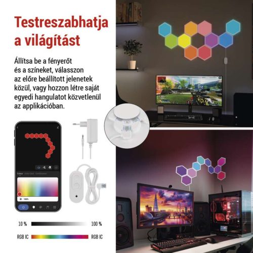 EMOS ZIW22AR, GoSmart LED-es lámpatest Hexagon, indító készlet, 10 rész, 19 W, RGBIC dimmelhető, WiFi