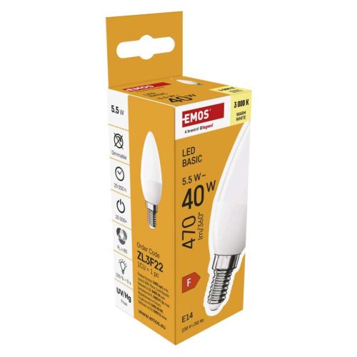 EMOS ZL3F22, LED izzó Basic gyertya / E14 / 5,5 W (40 W) / 470 lm / Meleg fehér