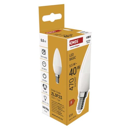 EMOS ZL3F23, LED izzó Basic gyertya / E14 / 5,5 W (40 W) / 470 lm / Meleg fehér