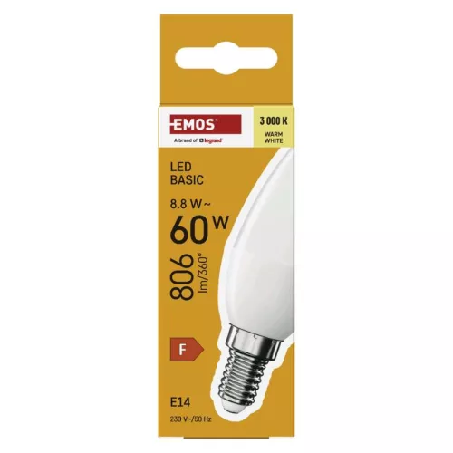 EMOS ZL3F47, LED izzó Basic Candle E14 / 8,8 W (60 W) / 806 lm / Meleg fehér