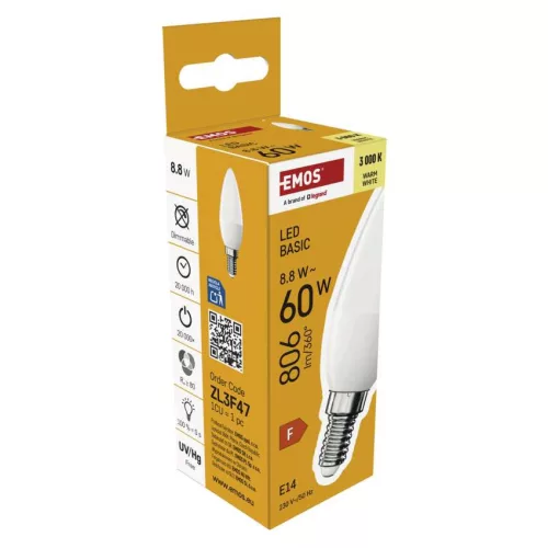 EMOS ZL3F47, LED izzó Basic Candle E14 / 8,8 W (60 W) / 806 lm / Meleg fehér