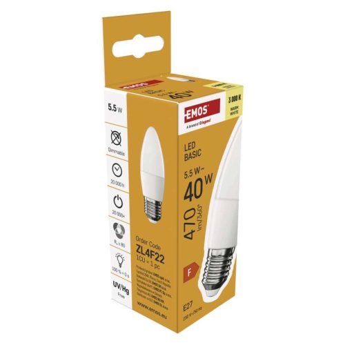 EMOS ZL4F22, LED izzó Basic gyertya / E27 / 5,5 W (40 W) / 470 lm / Meleg fehér