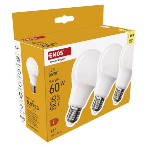 EMOS ZL5F42-3, LED izzó Basic A60 / E27 / 9,4 W (60 W) / 806 lm / Meleg fehér