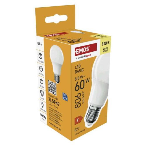 EMOS ZL5F47, LED izzó Basic A60 / E27 / 8,8 W (60 W) / 806 lm / Meleg fehér
