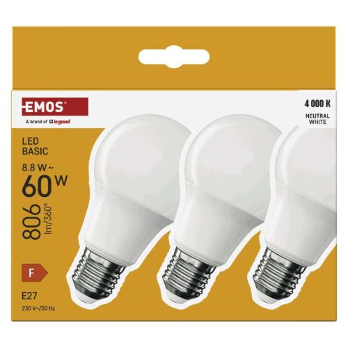 EMOS ZL5F48.3, LED izzó Basic A60 / E27 / 8,8 W (60 W) / 806 lm / Természetes fehér