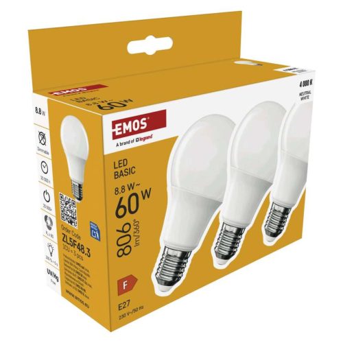 EMOS ZL5F48.3, LED izzó Basic A60 / E27 / 8,8 W (60 W) / 806 lm / Természetes fehér