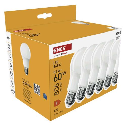 EMOS ZL5F48.6, LED izzó Basic A60 / E27 / 8,8 W (60 W) / 806 lm / Természetes fehér