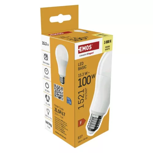 EMOS ZL5F67, LED izzó Basic A60 / E27 / 15,3W (100 W) / 1521 lm / Meleg fehér
