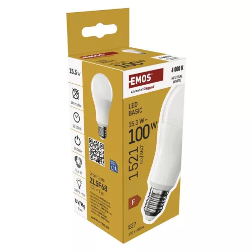 EMOS ZL5F68, LED izzó Basic A60 / E27 / 15,3W (100 W) / 1521 lm / Természetes fehér