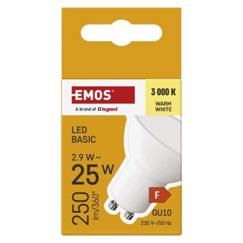 EMOS ZL8F02, LED izzó Basic MR16 / GU10 / 2,9 W (25 W) / 250 lm / Meleg fehér