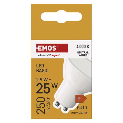 EMOS ZL8F03, LED izzó Basic MR16 / GU10 / 2,9 W (25 W) / 250 lm / Természetes fehér