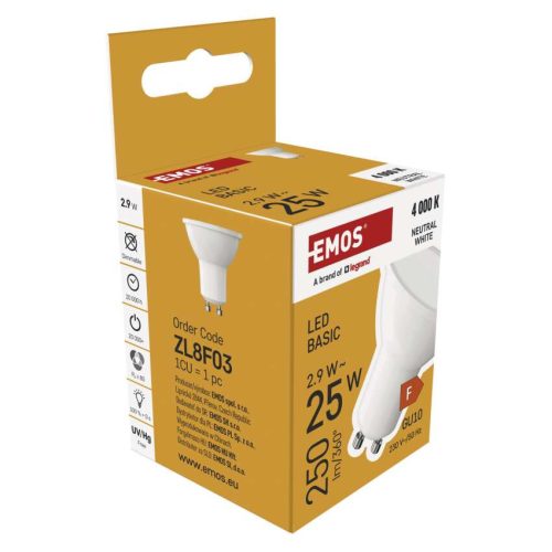 EMOS ZL8F03, LED izzó Basic MR16 / GU10 / 2,9 W (25 W) / 250 lm / Természetes fehér