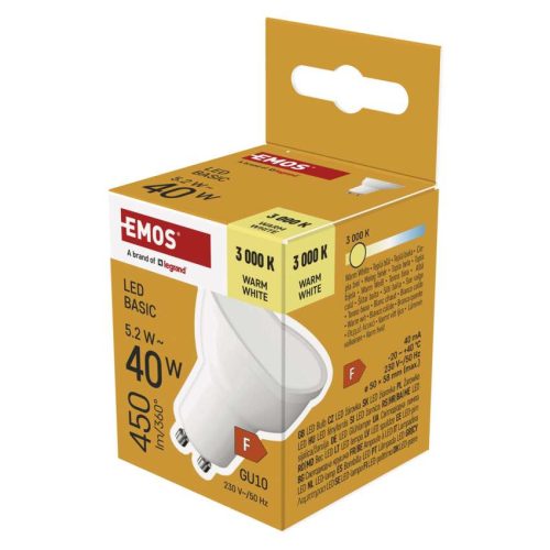 EMOS ZL8F22, LED izzó Basic MR16 / GU10 / 5,2 W (40 W) / 450 lm / Meleg fehér