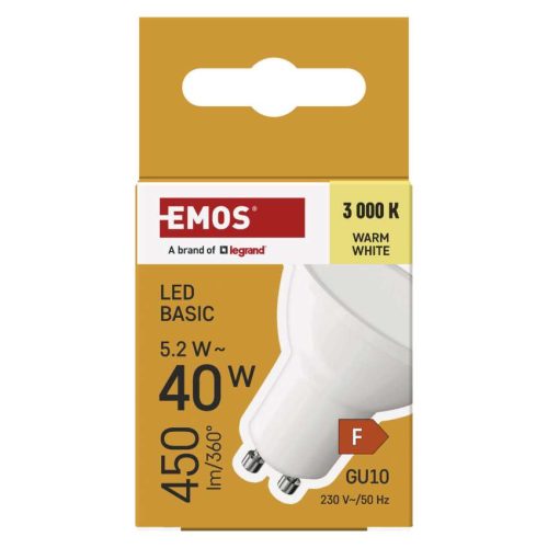EMOS ZL8F22, LED izzó Basic MR16 / GU10 / 5,2 W (40 W) / 450 lm / Meleg fehér