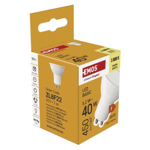 EMOS ZL8F22, LED izzó Basic MR16 / GU10 / 5,2 W (40 W) / 450 lm / Meleg fehér