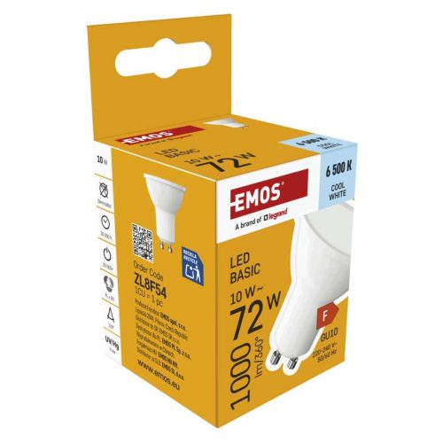 EMOS ZL8F54, LED izzó Basic MR16 fehér/ GU10 / 10 W (72 W) / 1000 lm / Hideg fehér