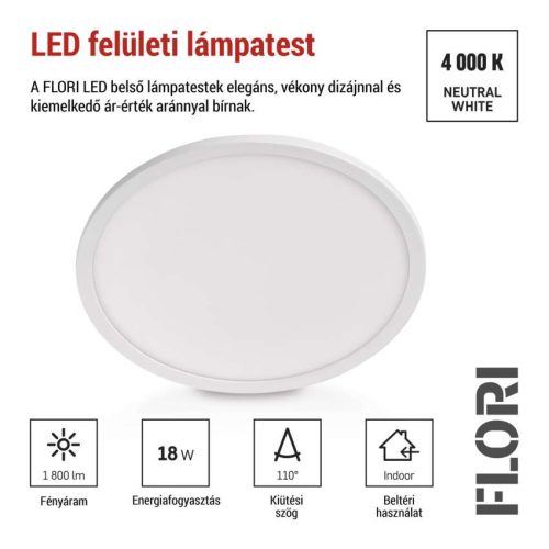 EMOS ZM1400, LED felületi lámpatest FLORI kerek, fehér, 18W, semleges fehér