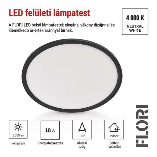 EMOS ZM1404, LED felületi lámpatest FLORI fekete, fehér, 18W, semleges fehér