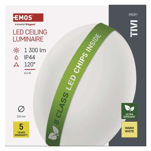 EMOS ZM3416, LED mennyezeti lámpatest TIVI, B CLASS, kerek, fehér 8,6W, IP44, Meleg fehér