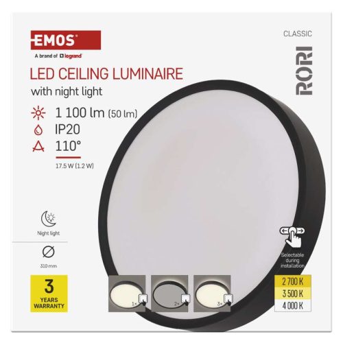 EMOS ZM4401, LED felületi lámpatest RORI kerek, fekete, 17W, CCT