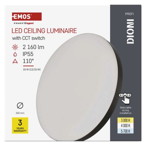 EMOS ZM7154, LED-es felületi lámpatest DIONI kerek, fekete, 18W, változtatható CCT-vel