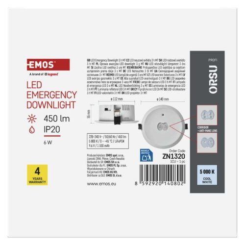 EMOS ZN1320, EMOS LED vészvilágító lámpatest ORSU 6W 450 lm 3 óra