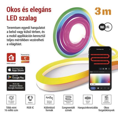 EMOS ZPW313I, GoSmart Rugalmas LED szalag NEON fehér, 3 m, 23 W, RGBIC dimmelhető, WiFi