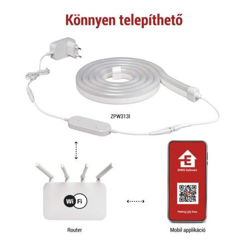 EMOS ZPW313I, GoSmart Rugalmas LED szalag NEON fehér, 3 m, 23 W, RGBIC dimmelhető, WiFi