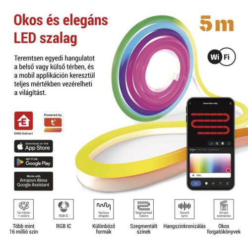 EMOS ZPW513I, GoSmart Rugalmas LED szalag NEON fehér, 5 m, 33 W, RGBIC dimmelhető, WiFi