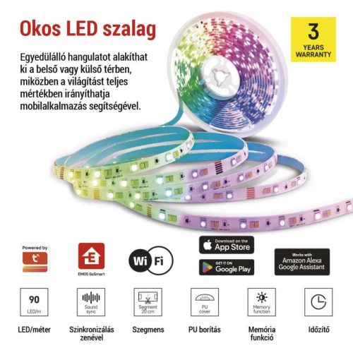 EMOS ZPW518R, GoSmart LED szalag WiFi 5m, 22W, 1400lm, RGB/CCT