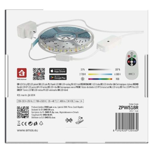 EMOS ZPW518R, GoSmart LED szalag WiFi 5m, 22W, 1400lm, RGB/CCT