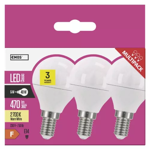 EMOS ZQ1220.3, LED izzó Classic Mini Globe / E14 / 5 W (40 W) / 470 lm / meleg fehér 3db
