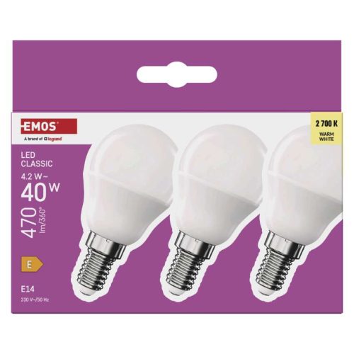 EMOS ZQ1E21-3, LED izzó Classic Mini Globe / E14 / 4,2 W (40 W) / 470 lm / Meleg fehér